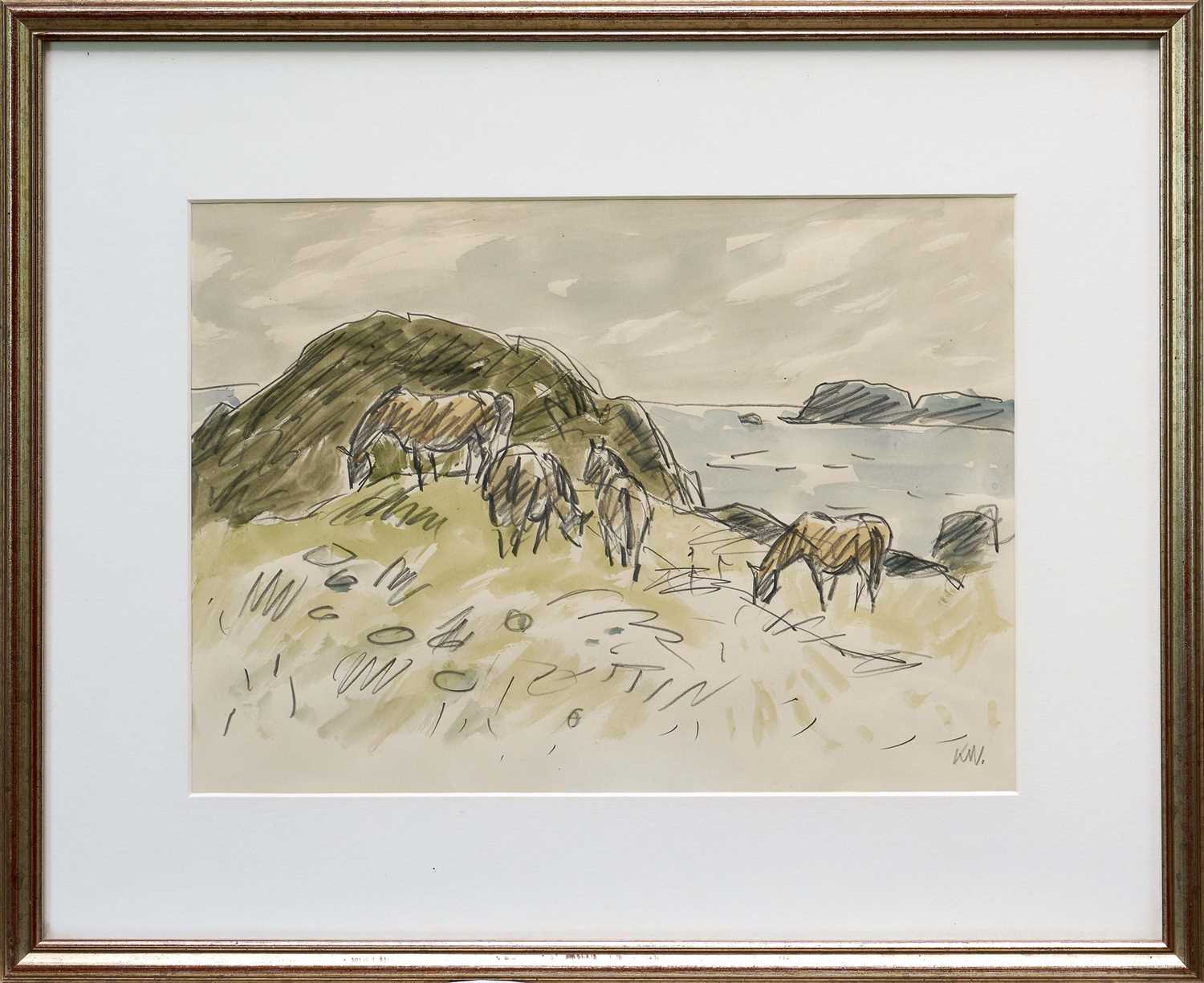 Lot 1105 - *Kyffin Williams (1918-2006) pencil and watercolour - 'Ponies, Tre-Arddur, initialled, 29cm x 40cm, in glazed frame