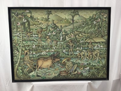 Lot 36 - Balinese school, painting on cloth - extensive landscape, signed and inscribed Ubud, Bali, 60 x 83cm, framed
