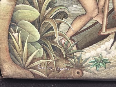 Lot 36 - Balinese school, painting on cloth - extensive landscape, signed and inscribed Ubud, Bali, 60 x 83cm, framed