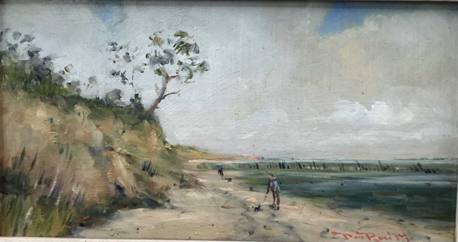 Lot 72 - Dave Ross, contemporary, oil on board - Mersea Shoreline, 'Little Black Dog', siogned, 14cm x 27cm, framed