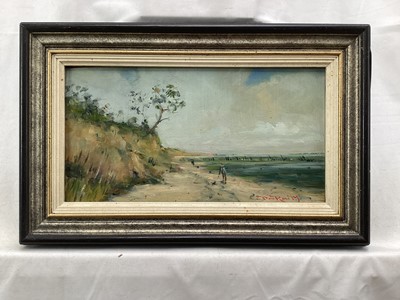 Lot 72 - Dave Ross, contemporary, oil on board - Mersea Shoreline, 'Little Black Dog', siogned, 14cm x 27cm, framed