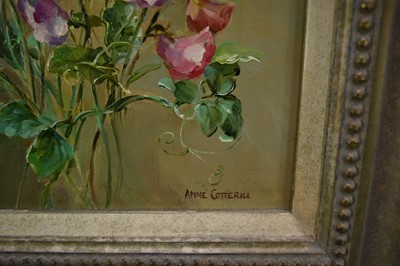 Lot 1098 - *Anne Cotterill (1933-2010) oil on board - Still Life Sweet Peas, signed, 28cm x 25.5cm, framed