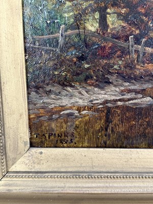 Lot 44 - Thomas Spinks (1847 - 1927), oil on canvas, river landscape with cattle and sheep grazing, a mountain beyond, signed and dated 1885, in gilt frame. 29 x 45cm.                                      ...