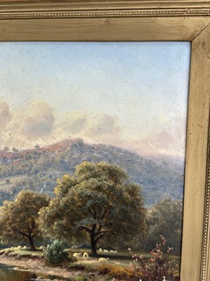 Lot 44 - Thomas Spinks (1847 - 1927), oil on canvas, river landscape with cattle and sheep grazing, a mountain beyond, signed and dated 1885, in gilt frame. 29 x 45cm.                                      ...