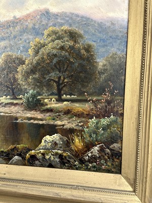 Lot 44 - Thomas Spinks (1847 - 1927), oil on canvas, river landscape with cattle and sheep grazing, a mountain beyond, signed and dated 1885, in gilt frame. 29 x 45cm.                                      ...