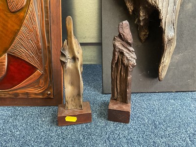 Lot 846 - Local interest: three abstract wooden sculptures with 1960s Lavenham gallery labels, and an abstract copper plaque signed Dunhill 68