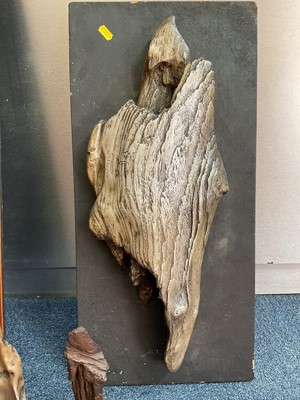 Lot 846 - Local interest: three abstract wooden sculptures with 1960s Lavenham gallery labels, and an abstract copper plaque signed Dunhill 68