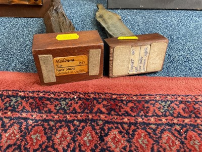 Lot 846 - Local interest: three abstract wooden sculptures with 1960s Lavenham gallery labels, and an abstract copper plaque signed Dunhill 68