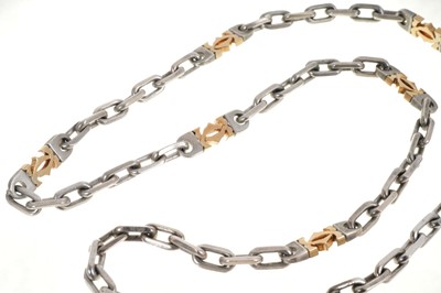 Lot 468 - Cartier style necklace with yellow metal interlocking 'C' and white metal chain links, 54cm.