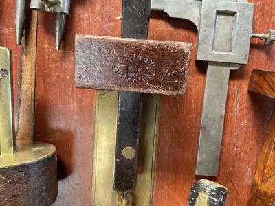 Lot 2401 - Group of mahogany and brass marking scribes gauges and other gauges by various makers including Sorby, Marples and others (1 box).