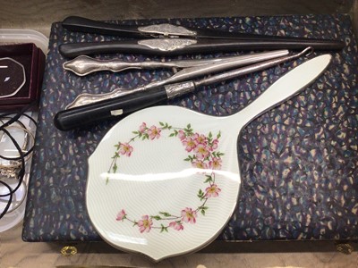 Lot 34 - Group of silver mounted dressing table mirrors and brushes including enamelled and tortoiseshell, pair of silver handled glove stretchers, other items, cased manicure set and a collection of eye...
