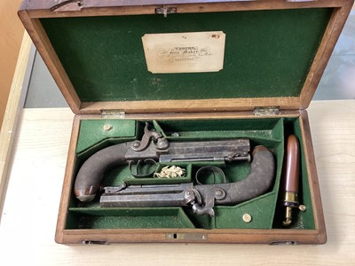 Lot 907 - Pair Victorian 50 bore percussion overcoat pistols by Mortimer, London with octagonal 9.5cm barrels with steel swivel ramrods, engraved side locks, ( one cock has a broken Spur but piece present...
