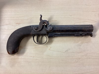 Lot 907 - Pair Victorian 50 bore percussion overcoat pistols by Mortimer, London with octagonal 9.5cm barrels with steel swivel ramrods, engraved side locks, ( one cock has a broken Spur but piece present...