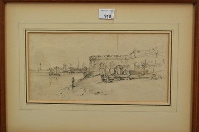 Lot 918 - Samuel Prout (1783-1852) pencil sketch - Thames Foreshore, 15cm x 30cm, in glazed frame