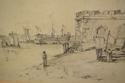 Lot 918 - Samuel Prout (1783-1852) pencil sketch - Thames Foreshore, 15cm x 30cm, in glazed frame
