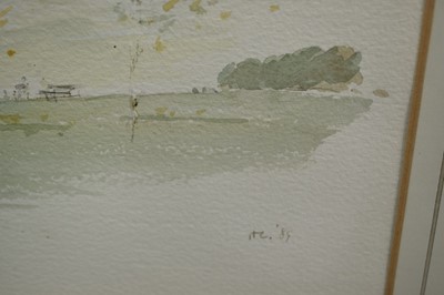 Lot 917 - *Hugh Casson (1910-1999) watercolour - Windy Day, Highgate, signed with initials and dated ‘89, in glazed frame