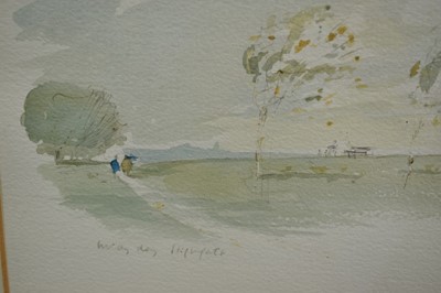 Lot 917 - *Hugh Casson (1910-1999) watercolour - Windy Day, Highgate, signed with initials and dated ‘89, in glazed frame
