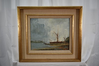Lot 948 - *Major General Cosmo Nevill (1907-2002) oil on board - Barge at Pin Mill, signed, titled verso, 25.5cm x 30.5cm, in gilt frame