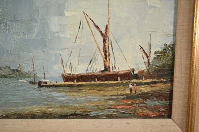 Lot 948 - *Major General Cosmo Nevill (1907-2002) oil on board - Barge at Pin Mill, signed, titled verso, 25.5cm x 30.5cm, in gilt frame