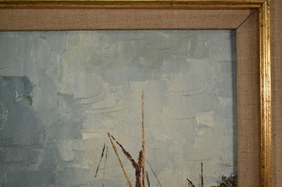 Lot 948 - *Major General Cosmo Nevill (1907-2002) oil on board - Barge at Pin Mill, signed, titled verso, 25.5cm x 30.5cm, in gilt frame
