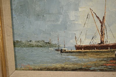 Lot 948 - *Major General Cosmo Nevill (1907-2002) oil on board - Barge at Pin Mill, signed, titled verso, 25.5cm x 30.5cm, in gilt frame