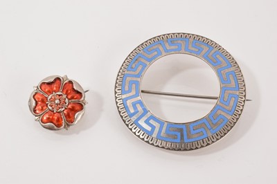 Lot 62 - Four silver/white metal brooches all with enamel decoration, silver and blue enamel bangle and an Art Nouveau style white metal and enamel panel bracelet (6 items)