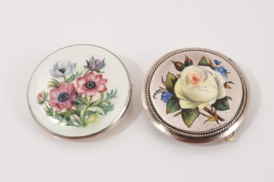Lot 62 - Four silver/white metal brooches all with enamel decoration, silver and blue enamel bangle and an Art Nouveau style white metal and enamel panel bracelet (6 items)