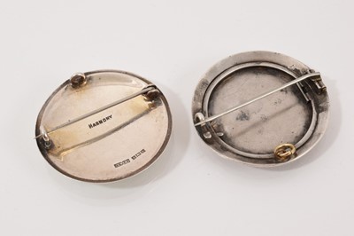 Lot 62 - Four silver/white metal brooches all with enamel decoration, silver and blue enamel bangle and an Art Nouveau style white metal and enamel panel bracelet (6 items)
