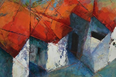 Lot 925 - Catherine Barnes, (Contemporary), acrylic on paper - "French Farmhouse", initialled, signed verso and titled, 47cm sqaure, in glazed gilt frame