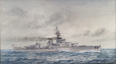 Lot 92 - W. Sutton, watercolour - H.M.S. Thunderer at sea, circa 1924, 15cm x 25.5cm, mounted