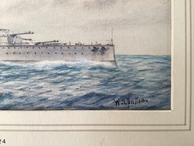 Lot 92 - W. Sutton, watercolour - H.M.S. Thunderer at sea, circa 1924, 15cm x 25.5cm, mounted
