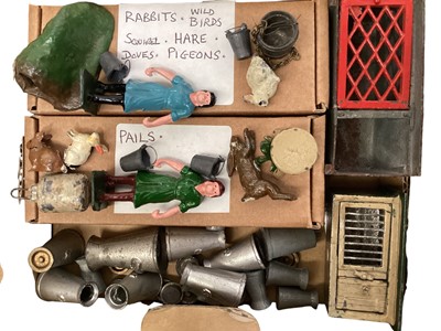 Lot 200 - Lead selection including Britains & others farm animals, Travellers Caravan, Farm Machinery, Fences, Churns, Pails, Rabbit Hutches etc.