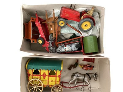 Lot 200 - Lead selection including Britains & others farm animals, Travellers Caravan, Farm Machinery, Fences, Churns, Pails, Rabbit Hutches etc.