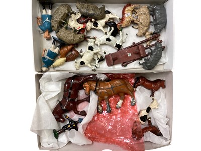 Lot 200 - Lead selection including Britains & others farm animals, Travellers Caravan, Farm Machinery, Fences, Churns, Pails, Rabbit Hutches etc.