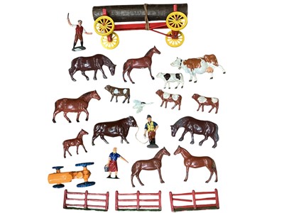 Lot 200 - Lead selection including Britains & others farm animals, Travellers Caravan, Farm Machinery, Fences, Churns, Pails, Rabbit Hutches etc.