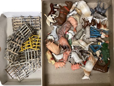 Lot 200 - Lead selection including Britains & others farm animals, Travellers Caravan, Farm Machinery, Fences, Churns, Pails, Rabbit Hutches etc.