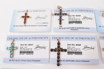 Lot 12 - Fifteen 9ct gold gem set cross pendants, one on 9ct gold chain and pair of 9ct gold gem set cross earrings, mostly with Gems TV certificates