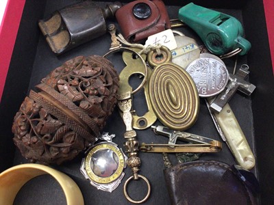 Lot 38 - Vintage paste set lizard brooch, gold plated full hunter pocket watch, fob watch, pair of lorgnettes and other bijouterie