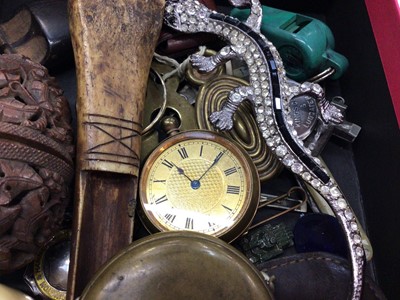 Lot 38 - Vintage paste set lizard brooch, gold plated full hunter pocket watch, fob watch, pair of lorgnettes and other bijouterie