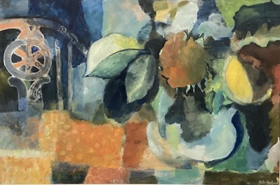 Lot 1379 - *Brian Horton (b. 1933) oil on board - Sunflowers and A Patchwork Cloth, signed, c. 1970, 51cm x 76cm, framed