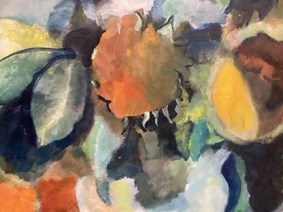 Lot 1379 - *Brian Horton (b. 1933) oil on board - Sunflowers and A Patchwork Cloth, signed, c. 1970, 51cm x 76cm, framed