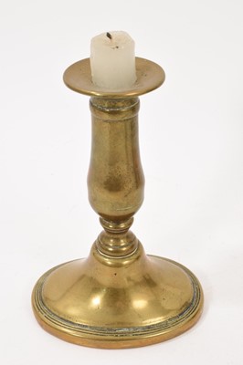 Lot 975 - Bronze skillet, brass ejector candlestick and steel wick trimmers