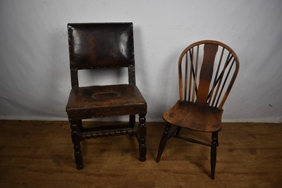 Lot 1536 - Carolean leather upholstered oak side chair, together with an ash and elm Windsor chair