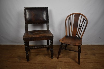 Lot 1536 - Carolean leather upholstered oak side chair, together with an ash and elm Windsor chair