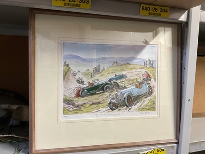 Lot 92 - Bob Farndon signed limited edition print of a vintage car trial 'Ol Come On Darling, Push!'. no. 164 / 750, in glazed frame, image 31.5 x 24cm