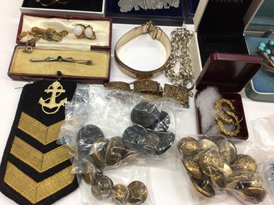 Lot 69 - Group of silver jewellery including a white metal deer plaque brooch, costume jewellery and a collection of military badges and buttons