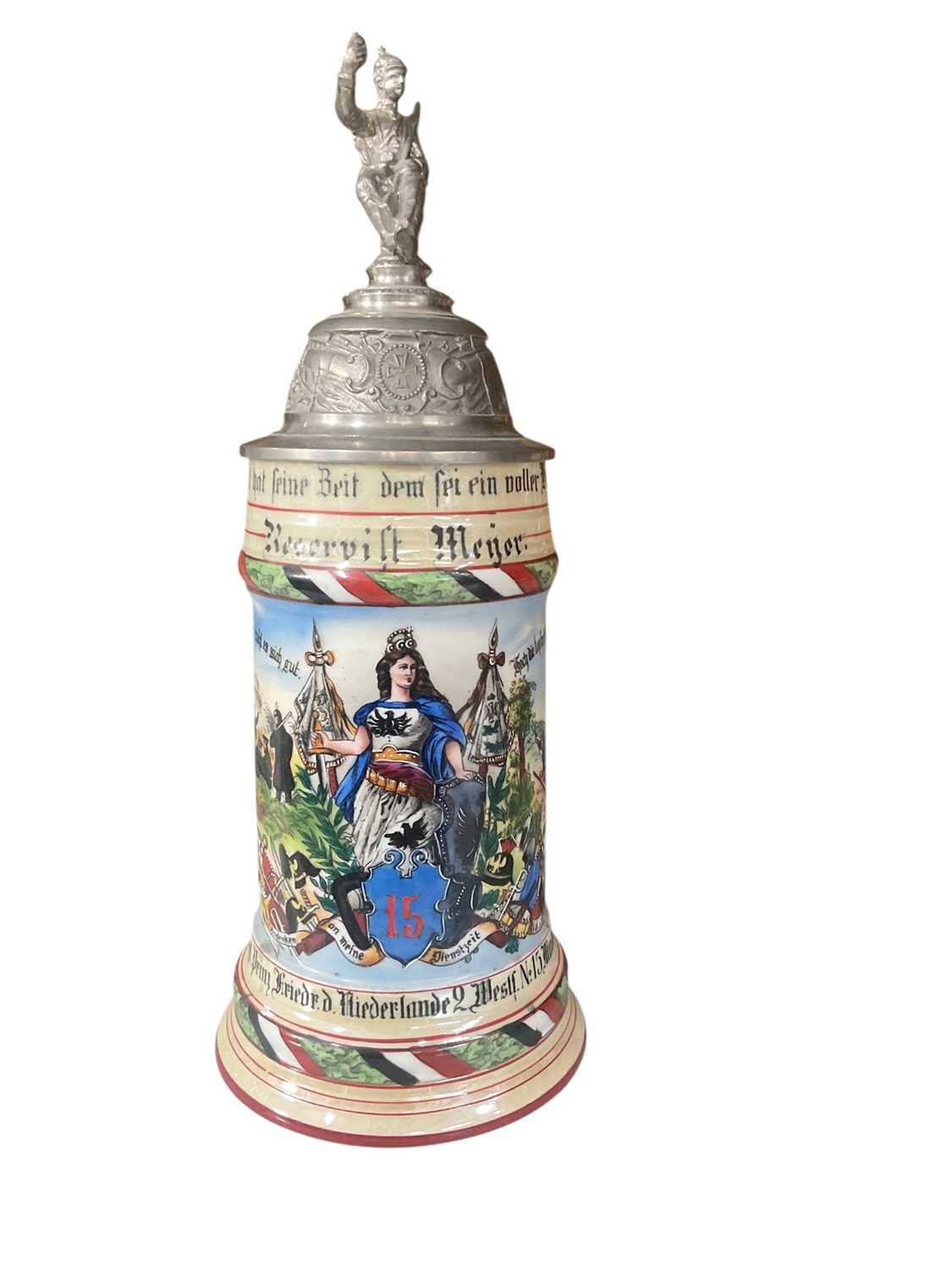 Lot 844 - Imperial German military porcelain stein with hinged pewter lid with soldier and eagle mounts, transfer and painted military decoration named to ' Reservist Meyer, 6.Comp.Inf.Rgt.Prinz Friedr.Ni...