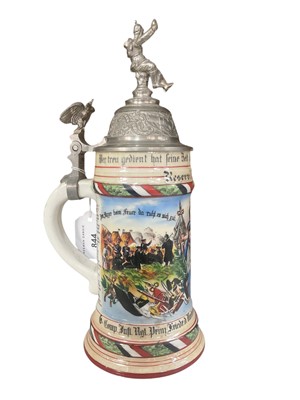 Lot 844 - Imperial German military porcelain stein with hinged pewter lid with soldier and eagle mounts, transfer and painted military decoration named to ' Reservist Meyer, 6.Comp.Inf.Rgt.Prinz Friedr.Ni...