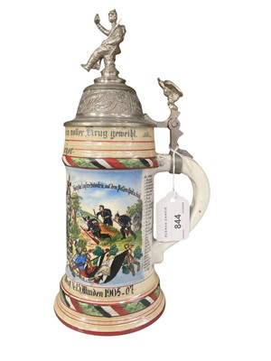 Lot 844 - Imperial German military porcelain stein with hinged pewter lid with soldier and eagle mounts, transfer and painted military decoration named to ' Reservist Meyer, 6.Comp.Inf.Rgt.Prinz Friedr.Ni...