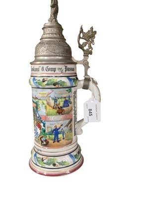 Lot 845 - Imperial German military porcelain stein with hinged pewter lid with soldier with wounded and lion mounts, transfer and painted military decoration named to ' Joh.Schwiewager, Kyle.hay.16.Inft.R...